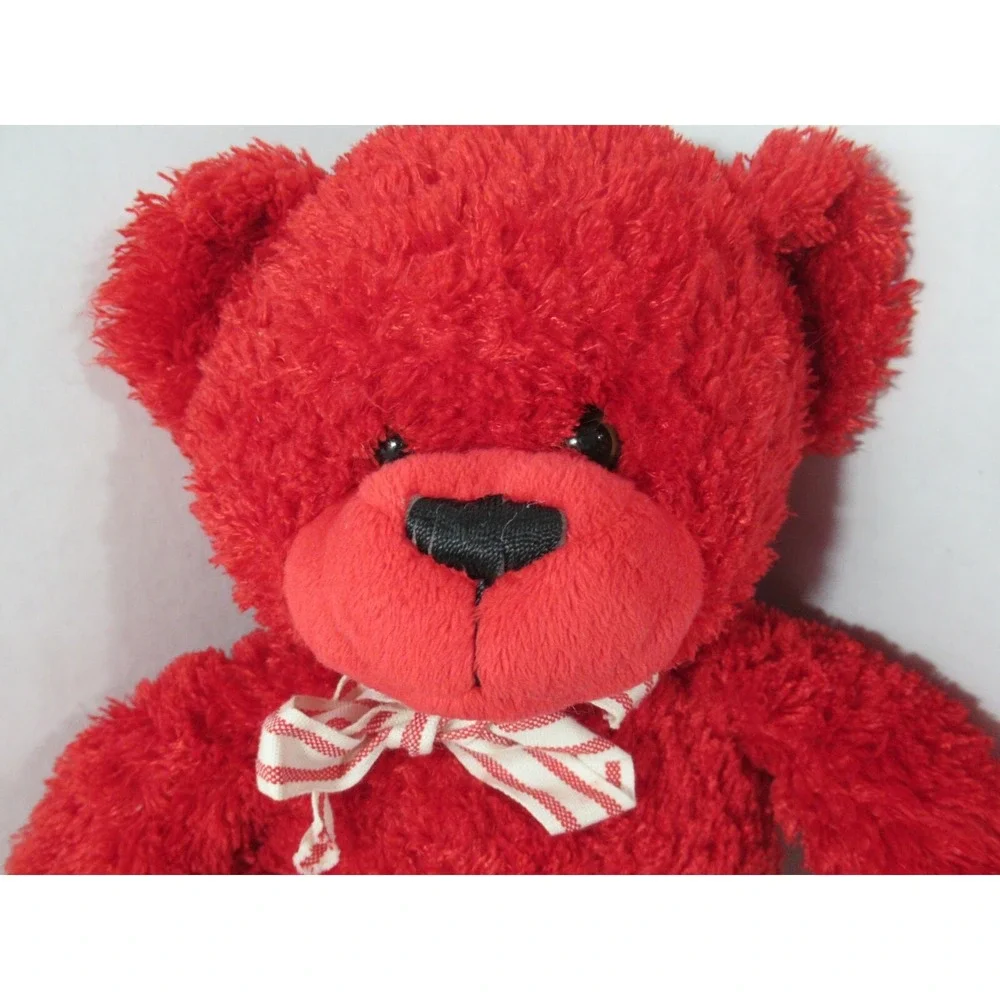 Red plush teddy bear white red striped bow black‎ thread nose 15